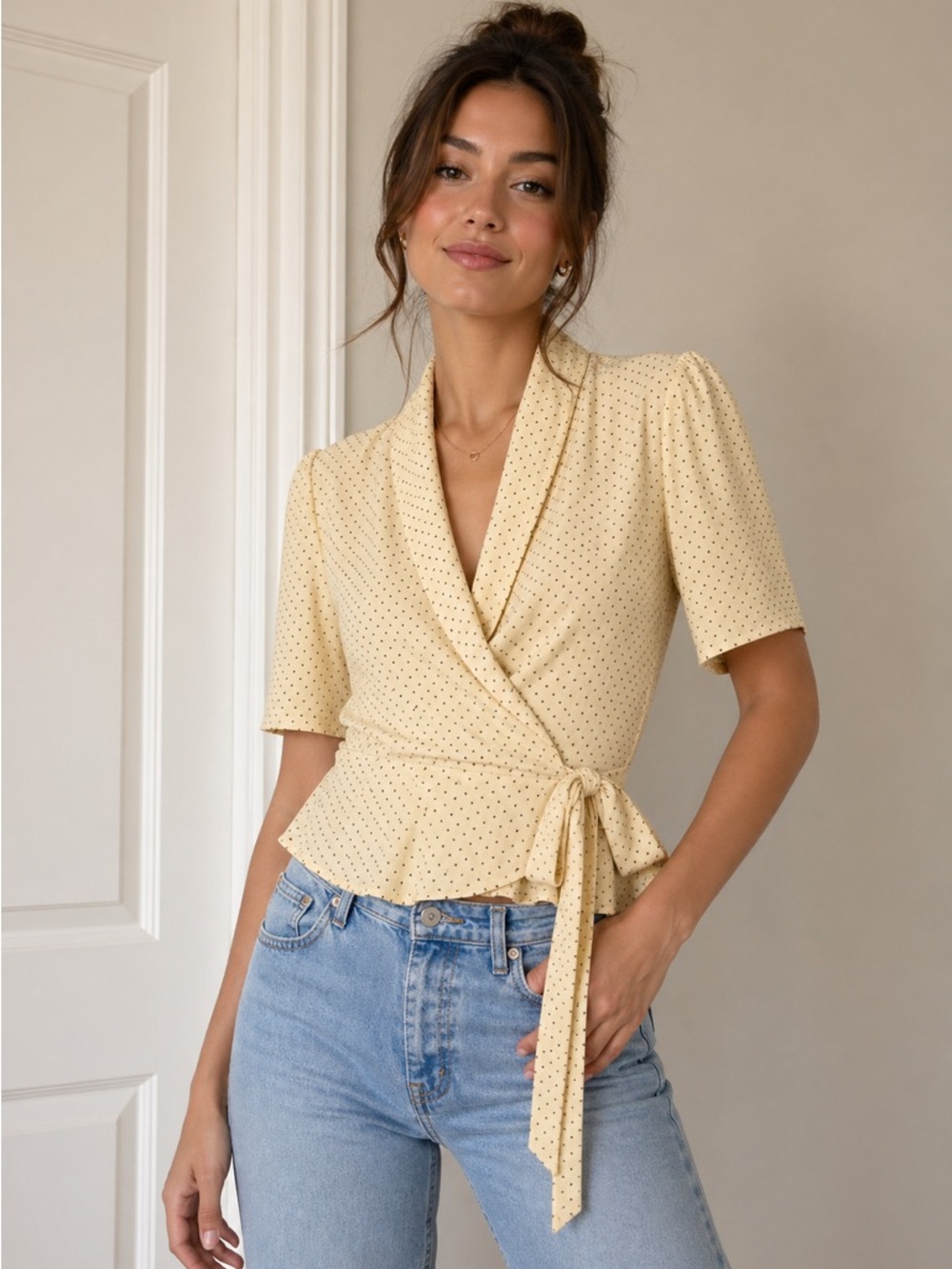 Polka Dot Wrap Blouse vintage top butter yellow size S short sleeve retro blouse